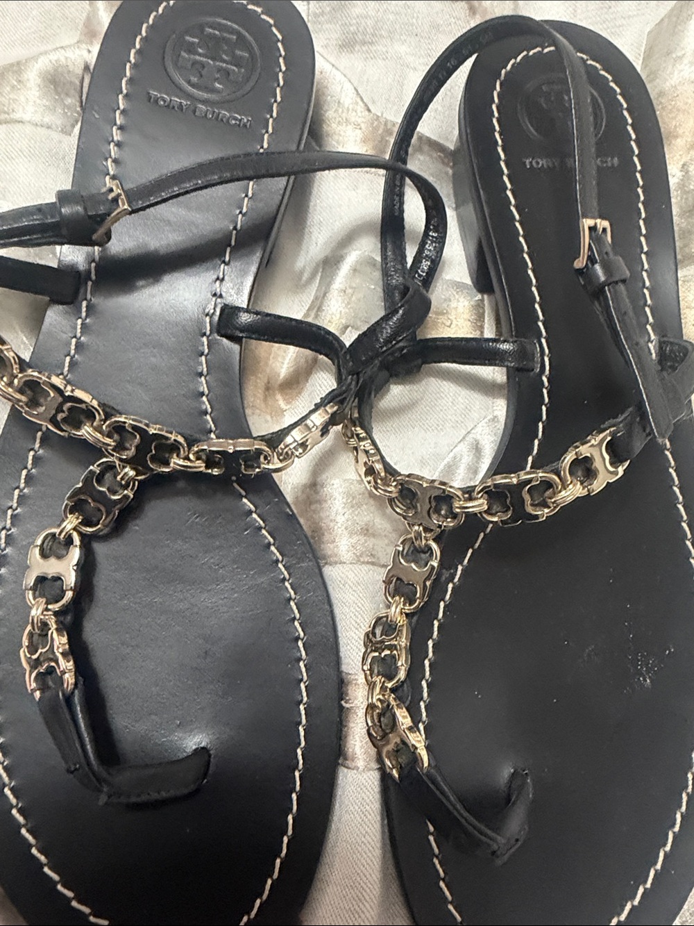 Tory Burch Black Leather Sandals with Gold Chain Detail